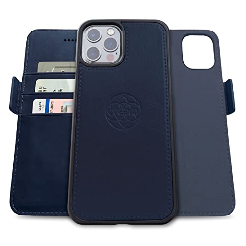 Dreem Vegan Leather Magnetic Detachable Wallet Case for iPhone 13 Pro Max | Built-in Phone Stand, RFID Blocking Card Holder Flip Cover, MagSafe Compatible, Gift Box [Fibonacci: Royal] - color: Royal, size: iPhone 13 Pro Max