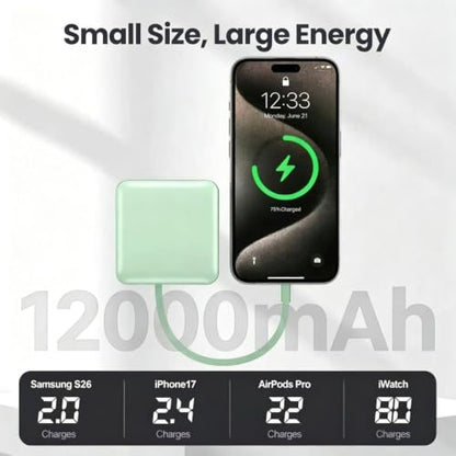 ummz Mini Portable Charger with Built-in 4 Cables，12000mAh Small Power Bank - color: green