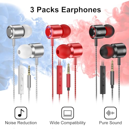 3 Pack Wired Earbuds with Microphone, In-Ear Headphones Wired with Noise Blocking &Volume Control, Premium Sound& Lightweight Corded Earphones for Laptops, Tablets, MP3 & Most 3.5mm Interface Devices - size: 3-Pack