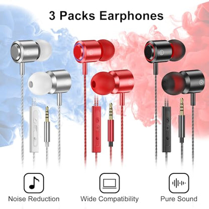 3 Pack Wired Earbuds with Microphone, In-Ear Headphones Wired with Noise Blocking &Volume Control, Premium Sound& Lightweight Corded Earphones for Laptops, Tablets, MP3 & Most 3.5mm Interface Devices - size: 3-Pack
