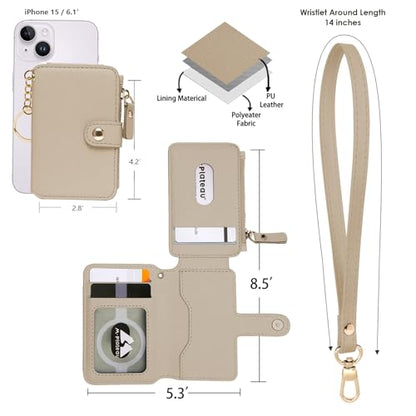 M-Plateau RFID Blocking Keychain Wallet With Leather Wrist Strap | Keychain Wristlet, Womens Card Holder with Zipper Coin Pocket and ID Window - color: Khaki
