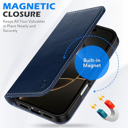 SHIELDON Genuine Leather Wallet Case for iPhone 16 Pro Max, Retro Dark Blue | RFID Blocking, Credit Card Holder, Magnetic Closure, Kickstand, Folio Design, Soft Shock-Absorbent Phone Cover - color: Retro Dark Blue
