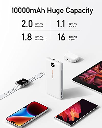 Portable Charger with Wall Plug and Built in Cables, VEEKTOMX 10000 Mah Power Bank, USB C Slim Battery Pack with LED Display Compatible with iPhone 18/17/16/15, Samsung
