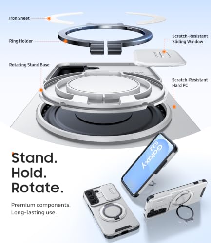 JAME for Samsung Galaxy S22 Case with Ring Stand & Slide Camera Cover - color: Silver, size: Galaxy S22