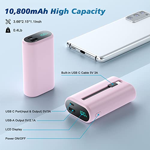 Small Portable Charger 10800mAh with Built-in USB-C Cable, Mini PD 3A Fast Charging Power Bank, Ultra-Compact LCD Display Battery Pack Compatible with Samsung Galaxy S22/S21/S10/S9,Note,Moto,LG-Pink
