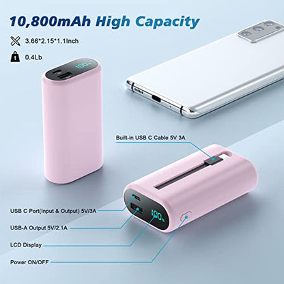 Small Portable Charger 10800mAh with Built-in USB-C Cable, Mini PD 3A Fast Charging Power Bank, Ultra-Compact LCD Display Battery Pack Compatible with Samsung Galaxy S22/S21/S10/S9,Note,Moto,LG-Pink