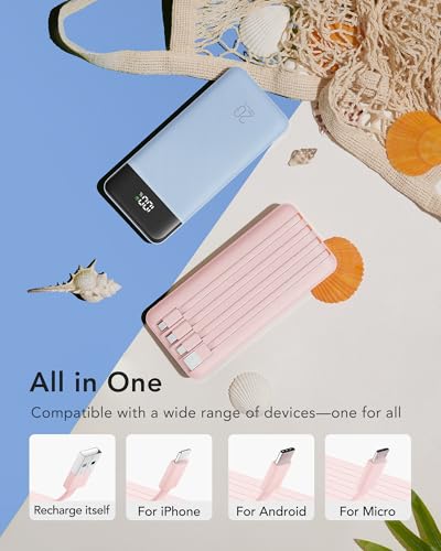 charmast Portable Charger Built-in Cables, 20000mAh Power Bank 6-Output - color: Dusty Pink