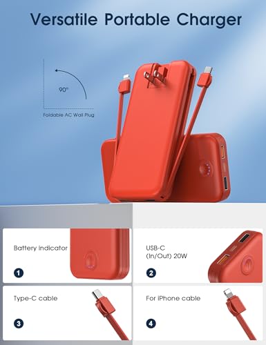 Nusyddy Portable Charger 10000mAh Fast Charging w/Built-in Wall Plug Red - color: Red