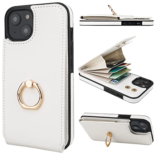 Folosu Compatible with iPhone 14 Plus Case Wallet with Card Holder, 360°Rotation Finger Ring Holder Kickstand, RFID Blocking Leather Protective Double Buttons Shockproof Cover 6.7 Inch White - color: White, size: iPhone 14 Plus