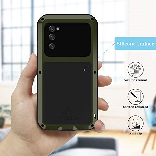 LOVE MEI Military Rugged Case for Samsung Galaxy S20 FE 5G, with Glass Screen Protector, Shockproof Dustproof Scratch Proof Hybrid Alloy and Silicone Gel Heavy Duty Full Body Cover Green - color: Green