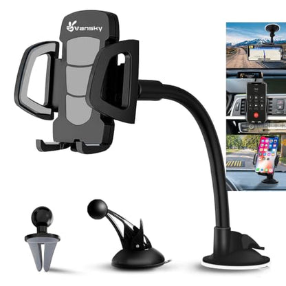 Vansky 3-in-1 Car Phone Holder: 3 Mountings - Fits Windshield Dash Vent