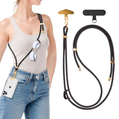 BestStone Crossbody Phone Lanyard Strap with 2 Tether Tabs (Nylon Pad + Metal Plate), Adjustable Cell Phone Lanyard - color: Black