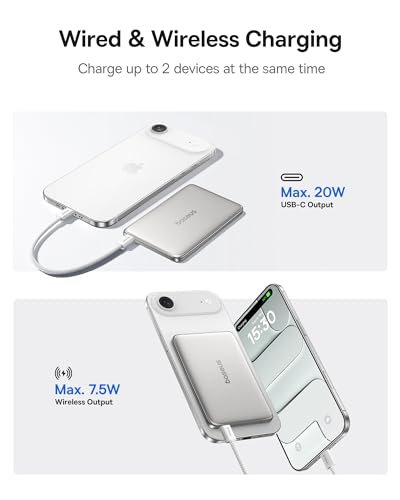 Baseus Picogo Power Bank, 0.3" Ultra Slim 5000mAh MagSafe Battery Pack, Upgraded CCC Certified and Polished Alloy Magnetic Portable Charger, Wireless Charger for iPhone 17/16/15/14/13/12 - color: Polished Natural Titanium