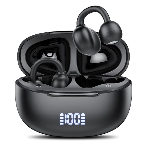 Clip on Earbuds Open Ear Wireless Bluetooth 5.4 Headphones with Noise Cancelling Mic, 48H Playtime Ear Buds,IP68 Waterproof, Comfortable for Small Ears (Light Black)