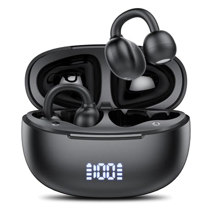 Clip on Earbuds Open Ear Wireless Bluetooth 5.4 Headphones with Noise Cancelling Mic, 48H Playtime Ear Buds,IP68 Waterproof, Comfortable for Small Ears (Light Black)