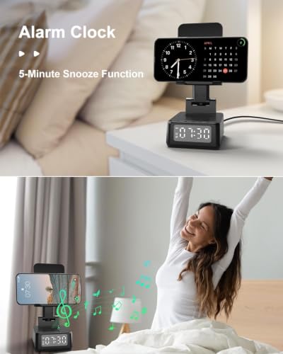 Gifts for Men Cell Phone Stand with Wireless Bluetooth Speaker and Wireless Charger, Phone Charger Stand with Digital Alarm Clock for iPhone, Birthday Gifts for Men,Boyfriend,Dad,Women,Christmas