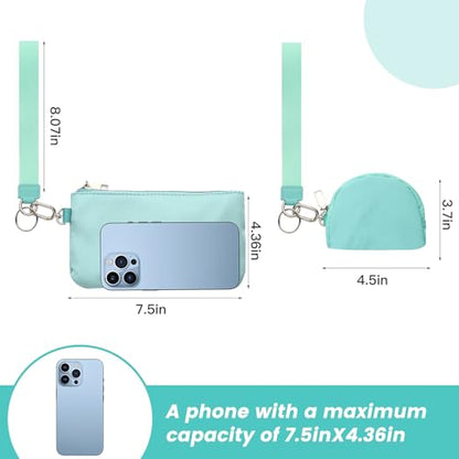 Mini Zip Around Wristlet Wallet, Dual Pouch Keychain Coin Purse for Women | Phone wallet design, detachable pouches, waterproof nylon, zipper closure, card holder, travel and daily essentials organizer - color: Light Blue+Dark Blue