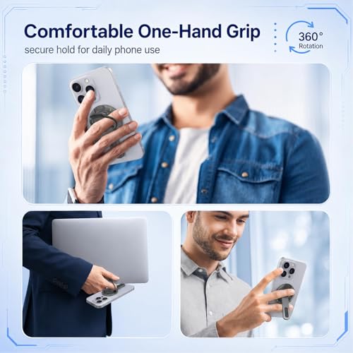 3-in-1 Magnetic Phone Grip Stand,Gym Phone Holder Magnet,360 Roration Angle Adjustment, Silicone Finger Ring,Innovative Pressure-Relief Damping Hinge Design for All Phones(Grey)