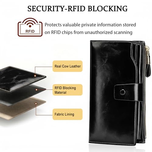 YALUXE Women's Real Leather Wallet RFID Protect 21 Card Slots Phone Pocket - color: 3- Waxed Black, size: Genuine Leather