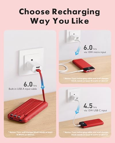 charmast Portable Charger with Built-in Cables X 4, Portable Phone Charger - color: Red