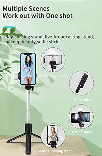 PINHEN Selfie Stick Tripod with Light, Extendable 360° Rotation Tripod Stand with Detachable Wireless Remote 3 in 1 Portable Mobile Phone Holder Compatible with iPhone Android Sansung(White+Light) - color: White+Light
