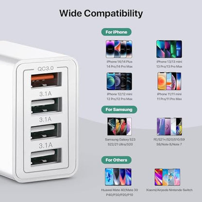 USB Charger, 4 Port USBA Wall Charging Block, Fast Charge QC 3.0 Plug Adapter Compatible with iPhone 12/13/14/15/XS/XS Max/XR/X, LG, Google Pixel and More - color: 1 Pack-4-USB-A