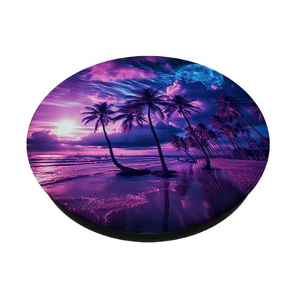 Palm Tree on the Beach at Sunset tropical purple PopSockets Adhesive PopGrip - style: Adhesive PopGrip