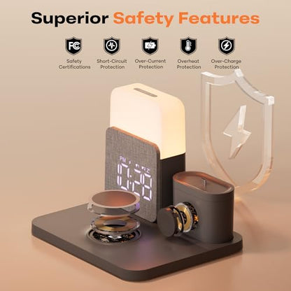 7 in 1 Clock with Charging Station, Charger with Alarm Clock Night Light - color: Black