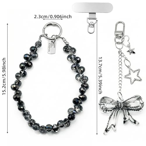 Crystal Beaded Phone Wrist Strap, Cute Cellphone Lanyard Chain, Bow Keychain Wristlet Bag Charms for Women - color: Bow/Black