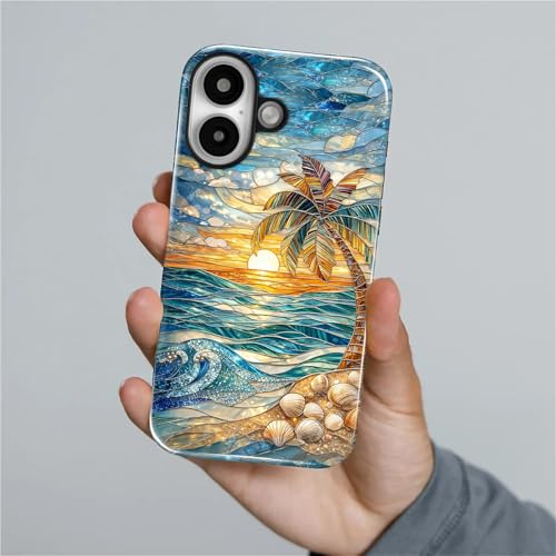 Case for iPhone 16 Plus, Dual Layer Phone Cover, Stained Glass Beach Palm - color: Stained Glass Beach Palm, size: Iphone 16 Plus