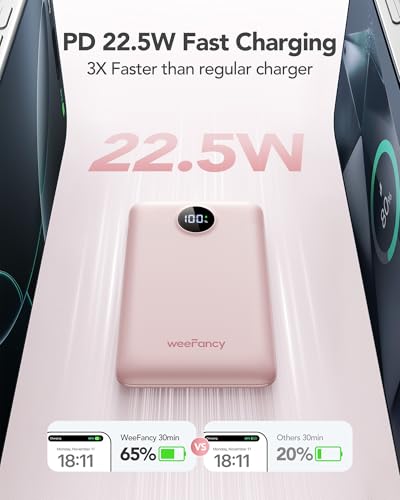 Mini Portable Charger with Built-in Cables 22.5W Fast Charging Power Bank USB-C Small Battery Pack 10000mAh Travel Essential Slim Battery for iPhone 17/16/15/14, Samsung 25/24, and More - color: Pink