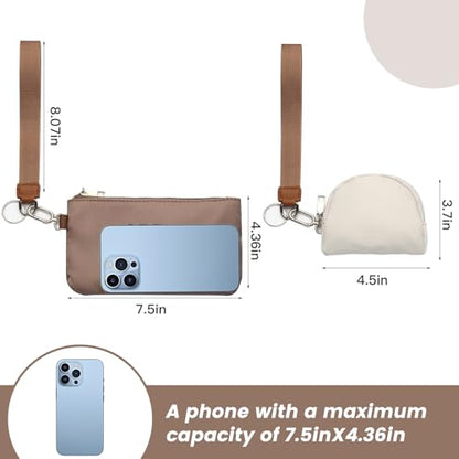 Mini Zip Around Wristlet Wallet, Dual Pouch Keychain Coin Purse for Women | Phone wallet design, detachable pouches, waterproof nylon, zipper closure, card holder, travel and daily essentials organizer - color: Khaki+Brown