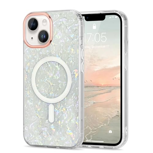 for iPhone 14/13 Cute Girly Women Case Sparkle Seashell,White | Compatible with Magsafe Slim Colorful Sparkle Seashell Pattern Translucent Cover Soft TPU Protective Magnetic Bumper Case - color: White, size: iPhone 14/13
