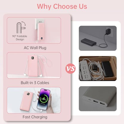 Portable Charger 10000mAh 22.5W Power Bank,Built-in 3 Cables & AC Wall Plug - color: Pink