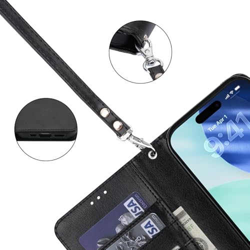 Bocasal Detachable Wallet Case Card Holder for iPhone 17 Pro, Black | RFID Blocking Kickstand Card Slots Holder PU Leather Magnetic Shockproof Wrist Strap Removable Flip Protective Cover 6.3 inch - color: Black