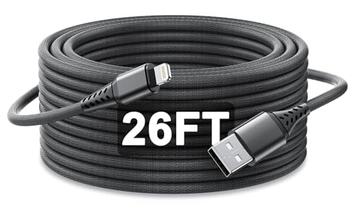 26FT/8M Extra Long iPhone Charger Cord [Apple MFi Certified] Braided iPhone Charger Fast Charging USB to Lightning Cable for iPhone 14/13/12/11, iPad (Black)