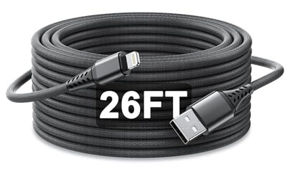 26FT/8M Extra Long iPhone Charger Cord [Apple MFi Certified] Braided iPhone Charger Fast Charging USB to Lightning Cable for iPhone 14/13/12/11, iPad (Black)