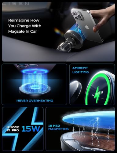 LISEN 15W MagSafe Car Mount Charger, Magnetic Phone Holders for Your Car - color: Black Gray