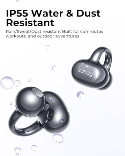 Sanag S6S Clip on Open Ear Headphones Wireless Earbuds,IP55 Waterproof Bluetooth 5.3 Lightweight, 38H Playtime Noise Reduction Touch Control Headphones, Dazzling Black