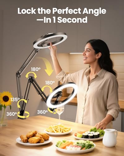 Pro Bright Overhead Ring Light with Clamp for Desk, Plug-in Powered for Stronger Lighting, Flexible Arm Phone Mount for Video, Cooking, Crafts & Livestream (18W) - size: 36.6" tall - High Brightness Clip-On Phone Holder