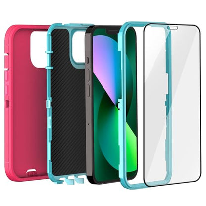 iPhone 13& iPhone 14 Heavy-Duty Case, Military-Grade Shockproof Protection, Includes 2 Tempered Glass Screen Protectors - Pink Blue - color: Pink Blue