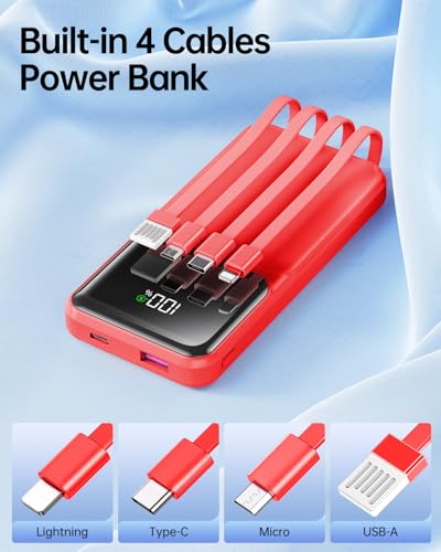 RONEGN Portable Charger with Built in Cable 20000mAh Fast Charging - color: Red