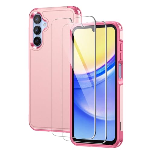 Lanhiem for Samsung Galaxy A15 Case with 2 Tempered Glass Screen Protector, Shock Absorption, Anti-Scratch Shockproof Case Cover for A15 5G, Pink - color: Pink-3 in 1, size: 6.5" for A15