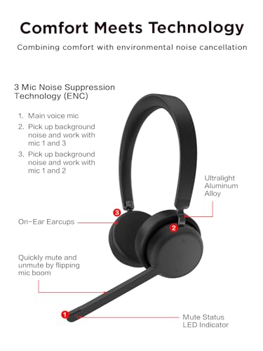 Lenovo Wireless Stereo Headset, Noise Cancelling Mic, Bluetooth 5.3 Multipoint, 31-Hour Talk & 60-Hour Playback, Lightweight 138g, Replaceable Earcups Over-Ear Comfort, Gaming, Office, & PC Use - style: Wireless - ENC