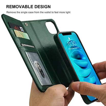 Bocasal Detachable Wallet Case Card Holder for iPhone 14, Green | RFID Blocking Kickstand Card Slots Holder PU Leather Magnetic Shockproof Wrist Strap Removable Flip Protective Cover 6.1 inch - color: Green