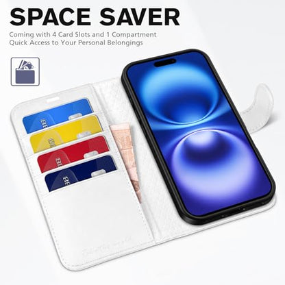 TUCCH Wallet Case for iPhone 16 (6.1") 2024, 4 Card Slots, White | RFID Blocking, Viewing Stand, Shockproof TPU Shell, PU Leather, Magnetic Closure, Protective Folio Flip Cover - color: White