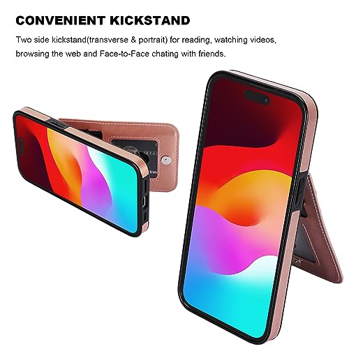 KIHUWEY for iPhone 15 Plus Wallet Case Card Holder Kickstand, Rose Gold | Credit Card Slots, PU Leather, Magnetic Clasp, Flip Heavy Duty Protection Cover for Men and Women - color: Rose Gold