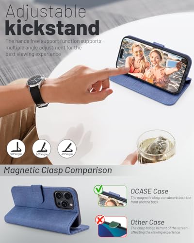 OCASE Compatible with iPhone 16 Pro Wallet Case, PU Leather Flip Folio Case with Card Holders RFID Blocking Kickstand [Shockproof TPU Inner Shell] Phone Cover 6.3 Inch 2024, Denim Blue | RFID Blocking, Flip Case, Magnetic Clasp, PU Leather Wallet Case, Ki