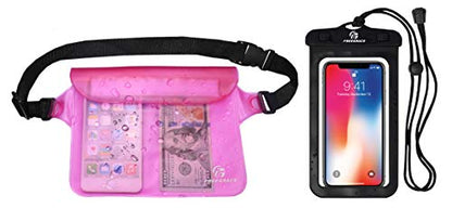 Freegrace Waterproof Pouches with Waist Strap / Pouch Case Bundle Set- Keep Your Phone & Valuables Dry and Safe - Waterproof Dry Bags for Boating Swimming Snorkeling Kayaking Beach Water Parks Pool - color: Pink & Case