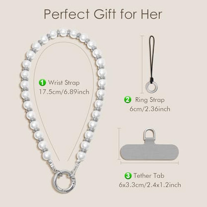 SURPHY Phone Charm, Handmade Beaded Phone Wrist Strap with Tether Tab - color: A- Pearl Silver